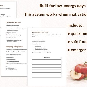 Puede incluir: Conjunto de p&aacute;ginas imprimibles con texto, que incluyen una lista de compras, un plan para d&iacute;as de baja energ&iacute;a e ideas de comidas r&aacute;pidas. El texto incluye "Construido para d&iacute;as de baja energ&iacute;a". Una manzana y una rodaja est&aacute;n en la esquina.