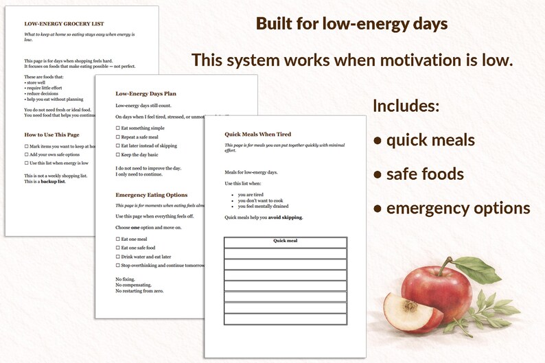 Puede incluir: Conjunto de p&aacute;ginas imprimibles con texto, que incluyen una lista de compras, un plan para d&iacute;as de baja energ&iacute;a e ideas de comidas r&aacute;pidas. El texto incluye "Construido para d&iacute;as de baja energ&iacute;a". Una manzana y una rodaja est&aacute;n en la esquina.