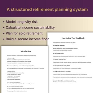 May include: A structured retirement planning system workbook with text including "Model longevity risk" and "Calculate income sustainability." The workbook also includes sections on retirement planning for women and how to use the workbook.