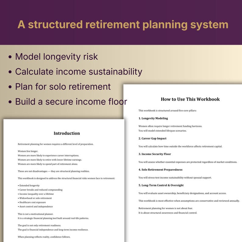 May include: A structured retirement planning system workbook with text including "Model longevity risk" and "Calculate income sustainability." The workbook also includes sections on retirement planning for women and how to use the workbook.