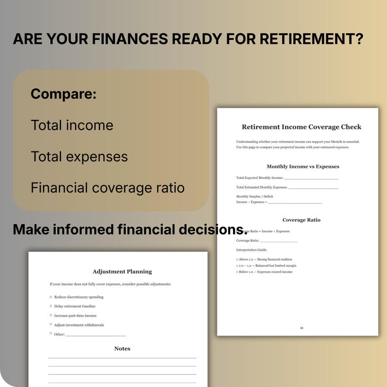 May include: Image of financial planning documents. Text includes "ARE YOUR FINANCES READY FOR RETIREMENT?" and "Compare: Total income, Total expenses, Financial coverage ratio." Additional text: "Make informed financial decisions."