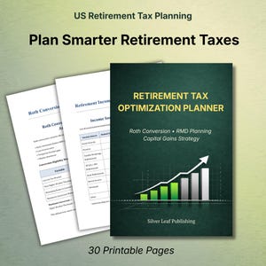 K&ouml;nnte beinhalten: Ein Rentensteuer-Optimierungsplaner mit gr&uuml;nem Umschlag und wei&szlig;em Text. Der Titel lautet &bdquo;Retirement Tax Optimization Planner&ldquo;. Der Planer enth&auml;lt Informationen zu Roth-Konvertierung, RMD-Planung und Kapitalertragsstrategie. Zwei wei&szlig;e Seiten sind sichtbar, zusammen mit dem Text &bdquo;30 Printable Pages&ldquo;.