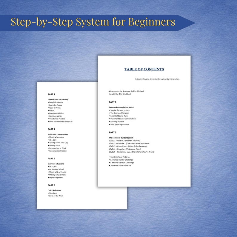 May include: Two white workbooks with text, including a table of contents and various learning sections. The top of the image has the text "Step-by-Step System for Beginners" in a blue banner.