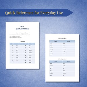 May include: Two white pages with tables of English and German words. The top page has the text "Quick Reference" and "Essential Words at a Glance". The bottom page has "Days of the Week" and "Time Expressions".