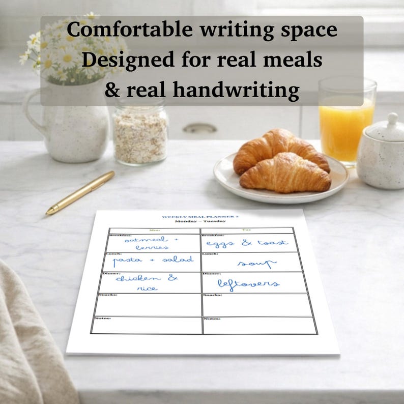 May include: A weekly meal planner with handwritten meal entries. The planner includes sections for breakfast, lunch, dinner, and snacks. Text on the image reads: "Comfortable writing space. Designed for real meals & real handwriting."