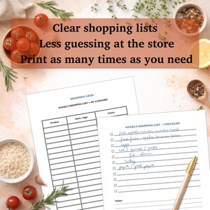 May include: Two shopping list templates, one categorized and one checklist, with handwritten grocery items. The text reads "Clear shopping lists, Less guessing at the store, Print as many times as you need."