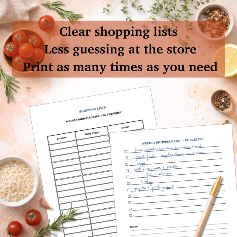 May include: Two shopping list templates, one categorized and one checklist, with handwritten grocery items. The text reads "Clear shopping lists, Less guessing at the store, Print as many times as you need."