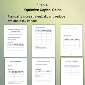 K&ouml;nnte beinhalten: Sechs wei&szlig;e Papiere mit Inhalten zur Finanzplanung. Die Papiere tragen Titel wie "Kapitalertr&auml;ge optimieren", "Optimierung und Strategie zur Ernte von Kapitalertr&auml;gen" und "Realisierte vs. unrealisierte Gewinnalyse".