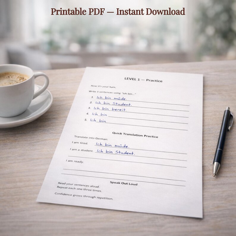 May include: A white printed worksheet with German language practice exercises, a pen, and a cup of coffee on a wooden table. The text "Printable PDF - Instant Download" is at the top. The worksheet includes fill-in-the-blank sentences and translation practice.
