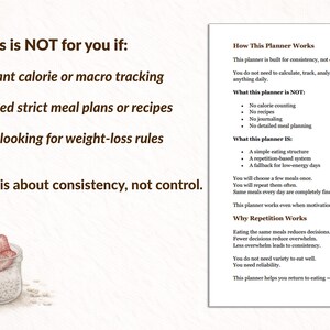 Puede incluir: Una p&aacute;gina de planificador ilustrada con texto sobre la consistencia en los h&aacute;bitos alimenticios. El texto incluye "Esto NO es para ti si" y "C&oacute;mo funciona este planificador". Un peque&ntilde;o tarro de cristal con fresas y crema est&aacute; en la parte inferior izquierda.