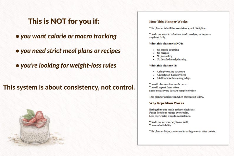 Puede incluir: Una p&aacute;gina de planificador ilustrada con texto sobre la consistencia en los h&aacute;bitos alimenticios. El texto incluye "Esto NO es para ti si" y "C&oacute;mo funciona este planificador". Un peque&ntilde;o tarro de cristal con fresas y crema est&aacute; en la parte inferior izquierda.