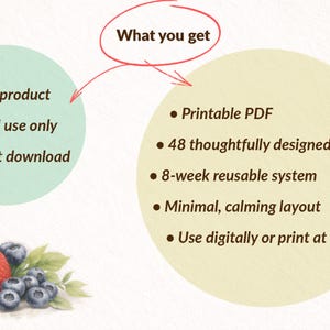 Puede incluir: Producto digital de descarga instant&aacute;nea, solo para uso personal. La imagen muestra un PDF imprimible con 48 p&aacute;ginas, un sistema reutilizable de 8 semanas y un dise&ntilde;o minimalista y relajante. &Uacute;selo digitalmente o impr&iacute;malo en casa. Fresa y ar&aacute;ndanos.
