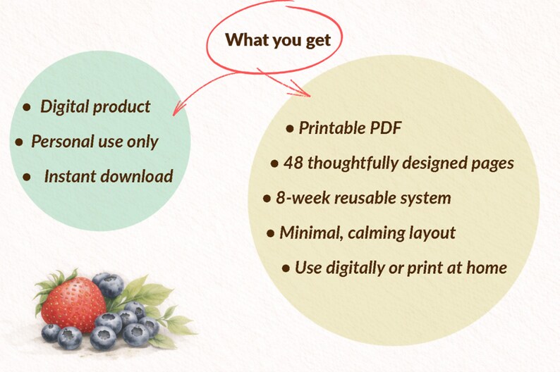 Puede incluir: Producto digital de descarga instant&aacute;nea, solo para uso personal. La imagen muestra un PDF imprimible con 48 p&aacute;ginas, un sistema reutilizable de 8 semanas y un dise&ntilde;o minimalista y relajante. &Uacute;selo digitalmente o impr&iacute;malo en casa. Fresa y ar&aacute;ndanos.