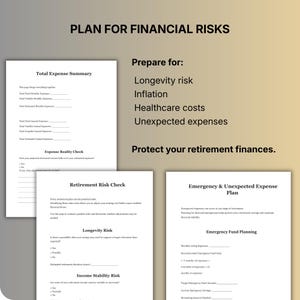 May include: A financial planning document titled "Plan for Financial Risks." It features sections on expense summaries, retirement risk checks, and emergency fund planning. The text includes "Longevity risk," "Inflation," and "Healthcare costs." The document aims to protect retirement finances.