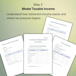K&ouml;nnte beinhalten: Eine Sammlung wei&szlig;er Papiere mit Finanzanalysetabellen und -diagrammen. Die Papiere tragen Titel wie "Model Taxable Income" und "Tax Bracket Modeling & Effective Rate Analysis". Das Bild enth&auml;lt auch Text mit der Aufschrift "Verstehen Sie, wie sich das Altersvorsorgeeinkommen zusammensetzt und wo der Steuerdruck beginnt."