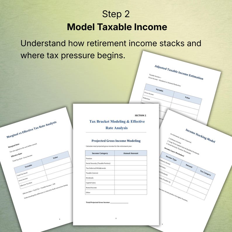 K&ouml;nnte beinhalten: Eine Sammlung wei&szlig;er Papiere mit Finanzanalysetabellen und -diagrammen. Die Papiere tragen Titel wie "Model Taxable Income" und "Tax Bracket Modeling & Effective Rate Analysis". Das Bild enth&auml;lt auch Text mit der Aufschrift "Verstehen Sie, wie sich das Altersvorsorgeeinkommen zusammensetzt und wo der Steuerdruck beginnt."