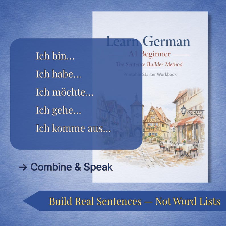 May include: A white workbook titled "Learn German A1 Beginner" with a watercolor illustration of a European street scene. A blue rectangle displays German phrases. The text "Build Real Sentences - Not Word Lists" is at the bottom.