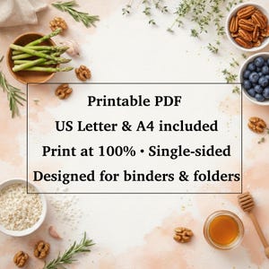 May include: A top-down view of a light-colored surface with various food items and text. The text reads "Printable PDF, US Letter & A4 included, Print at 100% &bull; Single-sided, Designed for binders & folders."