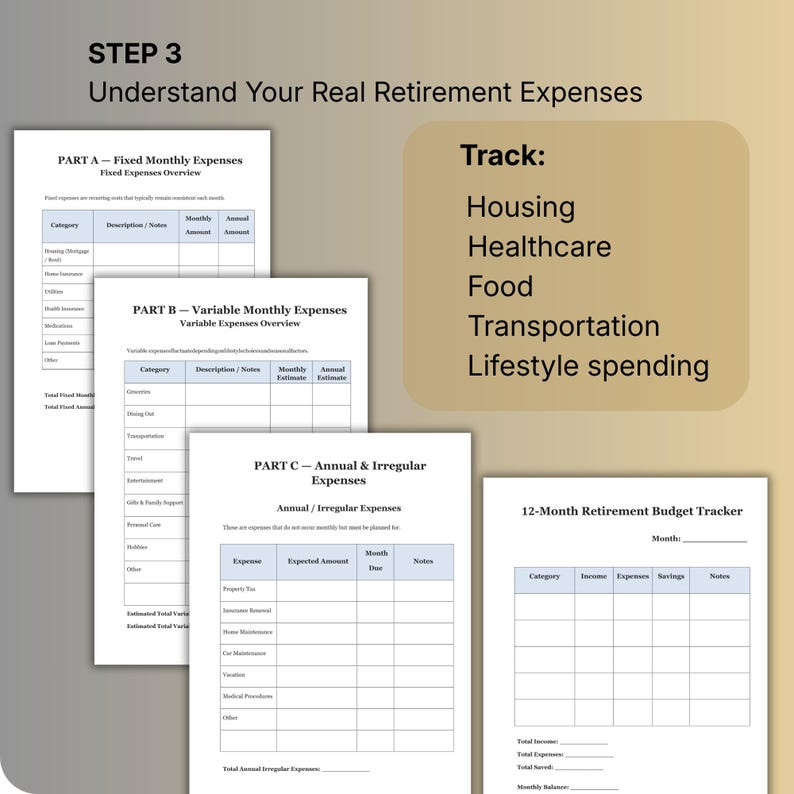 May include: Financial planning worksheets with the text "STEP 3 Understand Your Real Retirement Expenses." The worksheets include sections for fixed and variable monthly expenses, annual expenses, and a 12-month budget tracker. The text "Track: Housing, Healthcare, Food, Transportation, Lifestyle spending" is also visible.