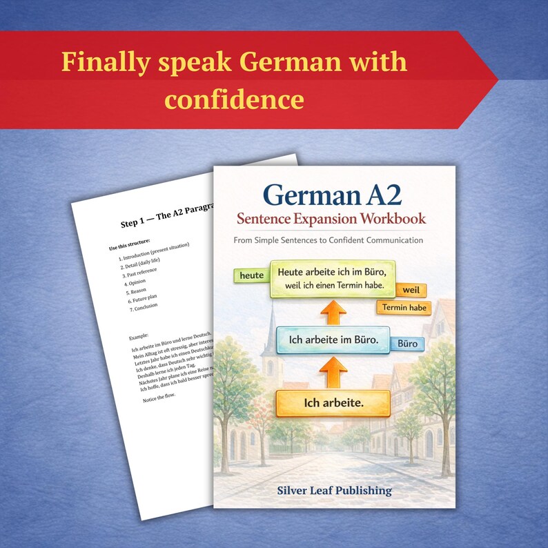 Pu&ograve; includere: Un quaderno di esercizi per l'apprendimento del tedesco, "German A2 Sentence Expansion Workbook", con un diagramma e un'illustrazione di paesaggio urbano sulla copertina. Una pagina separata mostra il testo. Lo striscione recita "Finally speak German with confidence."