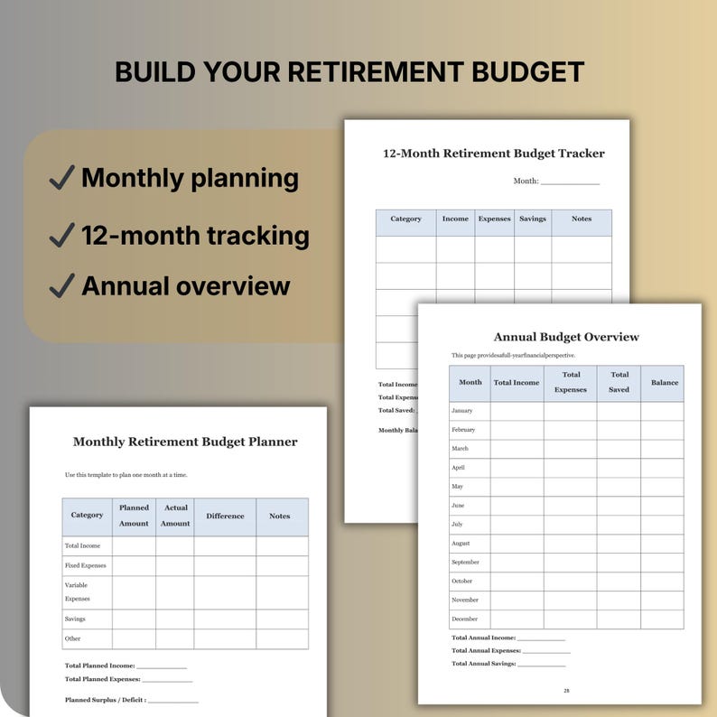 May include: A collection of white paper budget planners with blue grid lines. The text "BUILD YOUR RETIREMENT BUDGET" is at the top. The planners include sections for monthly planning, 12-month tracking, and annual overview. The text "Monthly Retirement Budget Planner" is also visible.