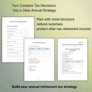 K&ouml;nnte beinhalten: Drei wei&szlig;e Seiten mit Text und Tabellen werden vor einem hellgr&uuml;nen Hintergrund angezeigt. Der Text enth&auml;lt "Turn Complex Tax Decisions Into a Clear Annual Strategy" und "Build your annual retirement tax strategy."