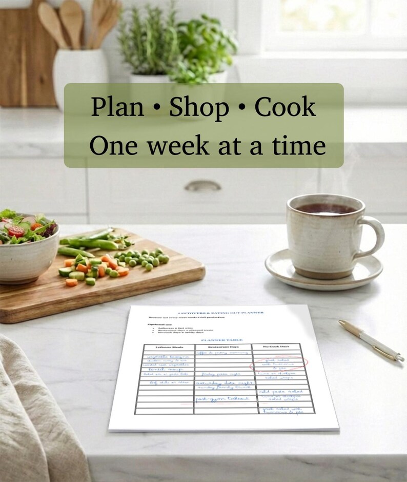 May include: A kitchen scene with a meal planning theme. A wooden cutting board holds vegetables, a bowl of salad, and a mug of tea sits on a marble countertop. A printed planner with handwritten notes and the text "Plan &bull; Shop &bull; Cook One week at a time" is visible.