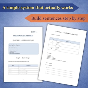 Pu&ograve; includere: Due pagine bianche aperte con testo e tabelle, parte di un sistema di apprendimento delle lingue. Il testo in alto recita "A simple system that actually works" e "Build sentences step by step". Le pagine illustrano esercizi di espansione delle frasi.