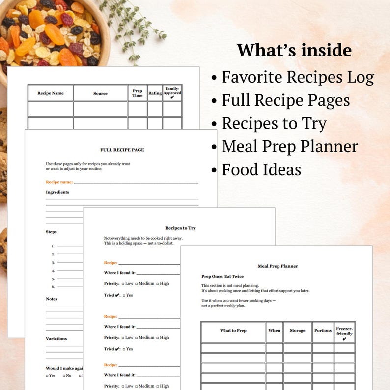 May include: A recipe journal with sections for favourite recipes, full recipe pages, recipes to try, a meal prep planner, and food ideas. The journal includes sections for recipe name, ingredients, and steps.