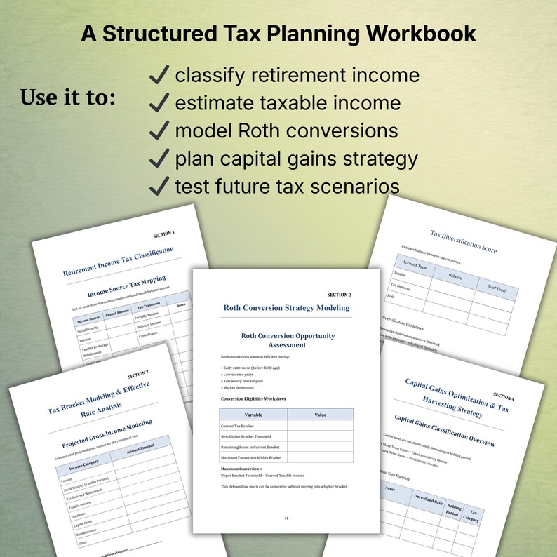 K&ouml;nnte beinhalten: Ein strukturiertes Steuerplanungs-Arbeitsbuch mit dem Text "Use it to: classify retirement income, estimate taxable income, model Roth conversions, plan capital gains strategy, test future tax scenarios." Mehrere Seiten mit Diagrammen und Tabellen sind sichtbar.