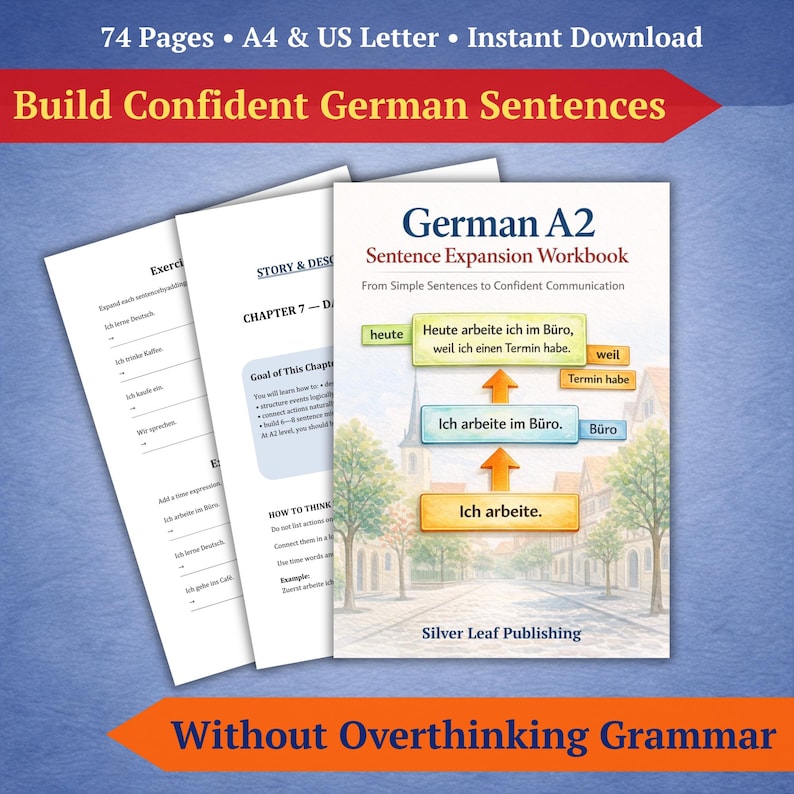 Pu&ograve; includere: Un quaderno di lavoro intitolato "German A2 Sentence Expansion Workbook" con il testo "From Simple Sentences to Confident Communication". La copertina presenta una scena di strada con frasi in tedesco. Sono visibili fogli mobili. Il testo "Build Confident German Sentences" &egrave; in alto.