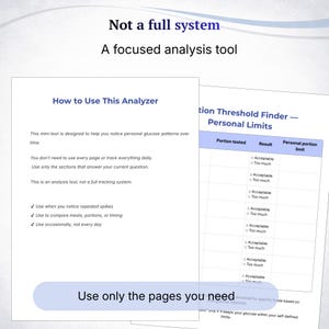 May include: Two white pages with text, including "How to Use This Analyzer" and "Portion tested" headings. The text describes a mini-tool for glucose pattern analysis, emphasizing selective use of pages. The phrase "Use only the pages you need" is also visible.