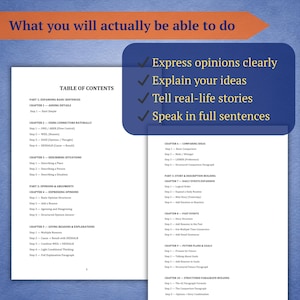 Pu&ograve; includere: Una pagina di libro con un sommario e un riquadro blu che elenca le competenze: esprimere opinioni, spiegare idee, raccontare storie e parlare con frasi complete. Il titolo in alto dice "Cosa sarai effettivamente in grado di fare".