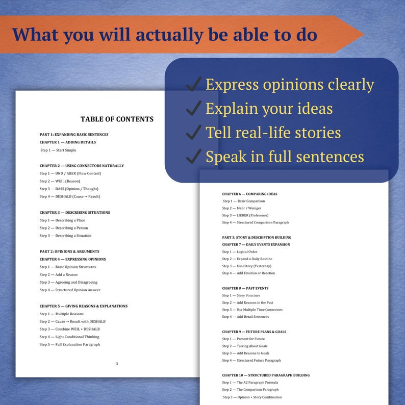 Pu&ograve; includere: Una pagina di libro con un sommario e un riquadro blu che elenca le competenze: esprimere opinioni, spiegare idee, raccontare storie e parlare con frasi complete. Il titolo in alto dice "Cosa sarai effettivamente in grado di fare".