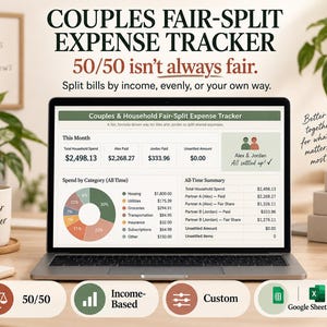 Peut inclure: Un suivi des dépenses pour couples affiché sur un écran d'ordinateur portable intitulé Couples Fair-Split Expense Tracker. L'interface présente des données financières, un graphique en secteurs et des tableaux. Des icônes 50/50, basées sur le revenu et personnalisées sont visibles.