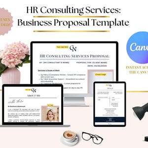 May include: A digital HR consulting services business proposal template displayed on a laptop, desktop, and tablet. The image includes a coffee cup, glasses, a desk lamp, and a bouquet of pink flowers. Text includes "HR Consulting Services" and "Canva".