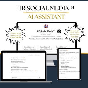 Op de afbeelding: Een digitaal display met de HR Social Media AI-assistent interface op een computermonitor, een laptop en een tablet. De schermen tonen tekstprompts voor het maken van HR-inhoud, met ster-vormige afbeeldingen die de functies benadrukken.