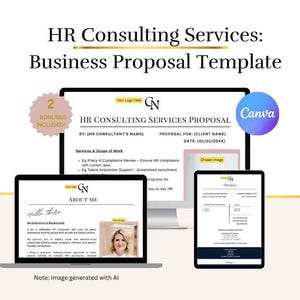 Könnte beinhalten: Eine digitale Geschäftsvorlage für HR-Beratungsdienste, dargestellt auf einem Computermonitor, einem Laptop-Bildschirm und einem Tablet. Die Dokumente enthalten Textüberschriften wie HR Consulting Services Proposal, About Me und Invoice sowie ein Canva-Logo.