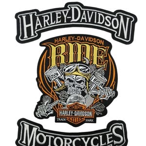 Large Harley-Davidson Style 3-Piece Back Patch Set – Embroidered Skull & Pistons "Ride" Rocker Patches for Biker Vests and Jackets