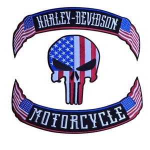 Zestaw naszywek z czaszką z flagą amerykańską – duże, haftowane naszywki rockerskie na całe plecy, do skórzanych kurtek i kamizelek – odzież motocyklowa – zestaw 3 elementów