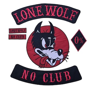 Custom Lone Wolf No Club grote rugpatch set – volledige grootte bikervest geborduurde patches – gepersonaliseerde Independent Rider Rocker-set