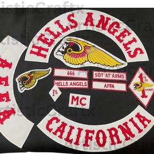 May include: A collection of embroidered patches with the words "HELLS ANGELS" and "CALIFORNIA" in red on white, along with other patches featuring a winged skull and the numbers "666" and "1%" on a black background.