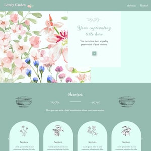 Peut inclure: Conception de site web sur le thème floral, avec des fleurs à l'aquarelle roses, bleues et jaunes. Le site comprend des sections pour les services, les offres, les témoignages et un formulaire de contact. Le texte indique "Lovely Garden."