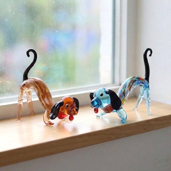 Figuritas de perro salchicha de vidrio soplado a mano, arte colorido de perros salchicha, adorno de escritorio.