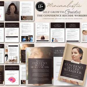 Peut inclure: Ensemble de guides et de cahiers d'exercices numériques d'auto-assistance. La couverture du cahier d'exercices présente le portrait d'une femme et le titre "Confidence Recode Workbook". Les guides comprennent du texte et des images.