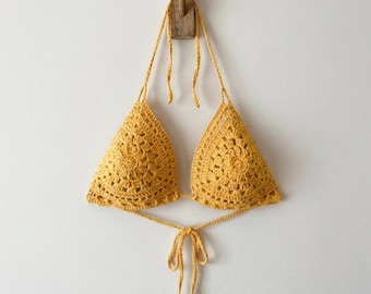 Handmade Crochet Bikini Top, 100% Cotton Knit Bralette, Mustard Yellow