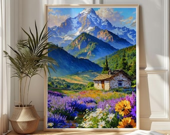 Mountain Meadow Landscape Print, Wildflower Countryside Wall Art (Digital Download)