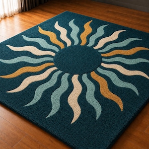Modern Sunburst Hand Tufted Rug | New Zealand Wool Area Rug | Luxury Blue Abstract Rug | Living Room, Bedroom Carpet | Handmade Designer Rug