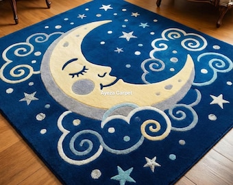 Kids Moon & Stars Night Sky Rug – Plush Tufted Nursery Carpet