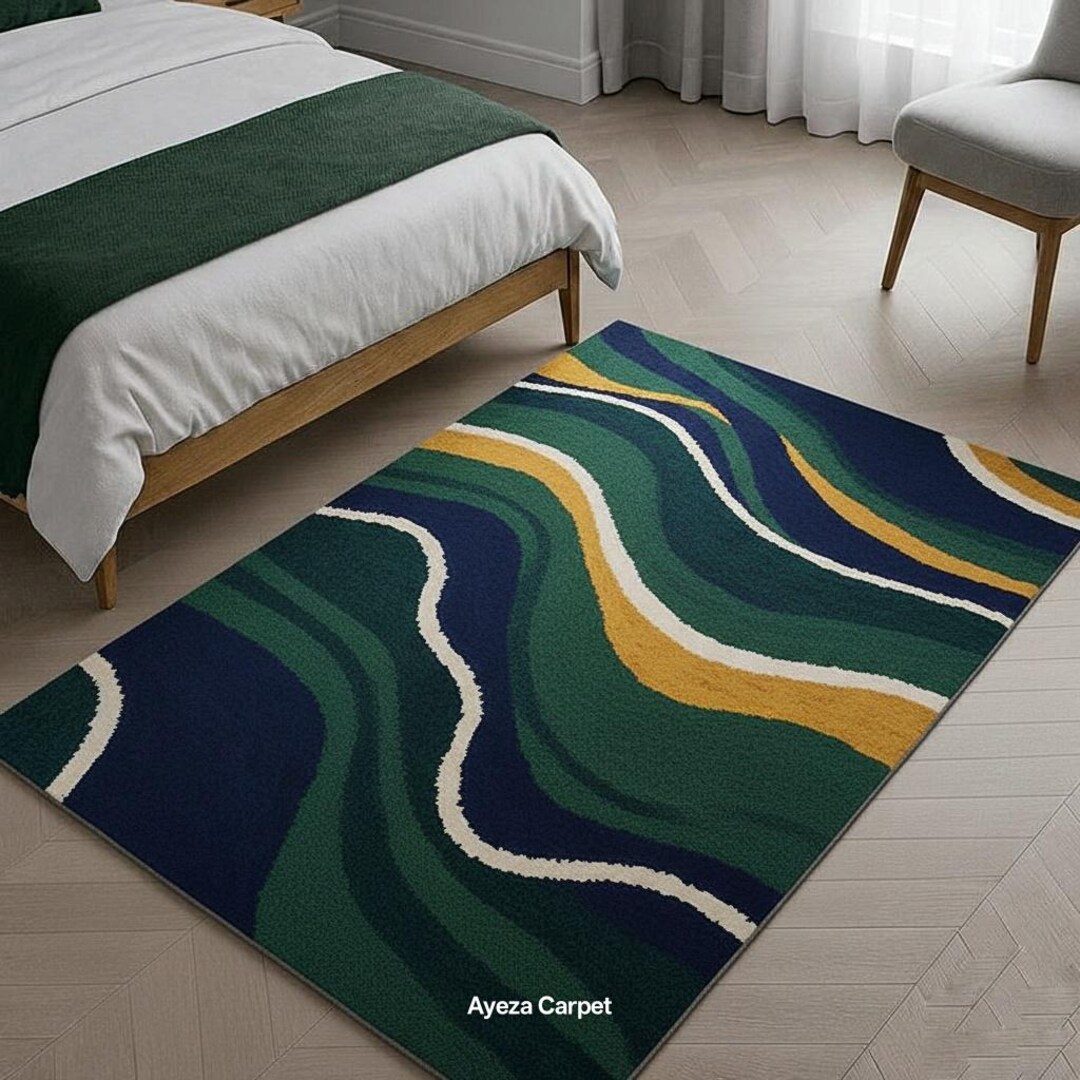 Modern Waveflow Tufted Rug-green & Navy Abstract - Etsy UK